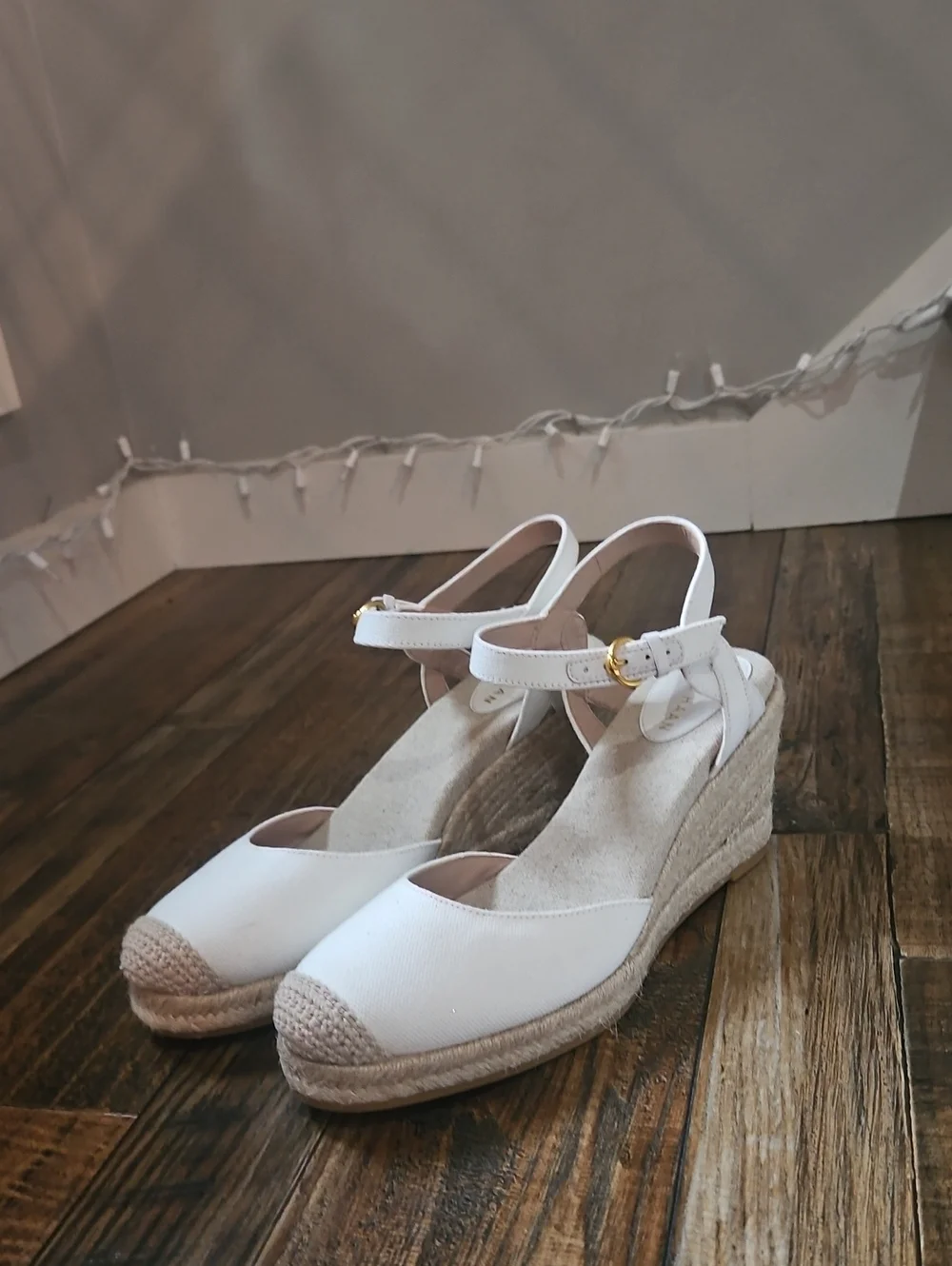 Cole Haan White Canvas Espadrille Wedge Sandals with Ankle Strap and Gold Buckle